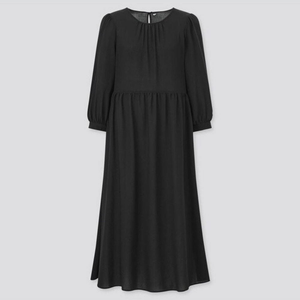 Uniqlo Rayon Georgette Black 3/4 Sleeve Dress